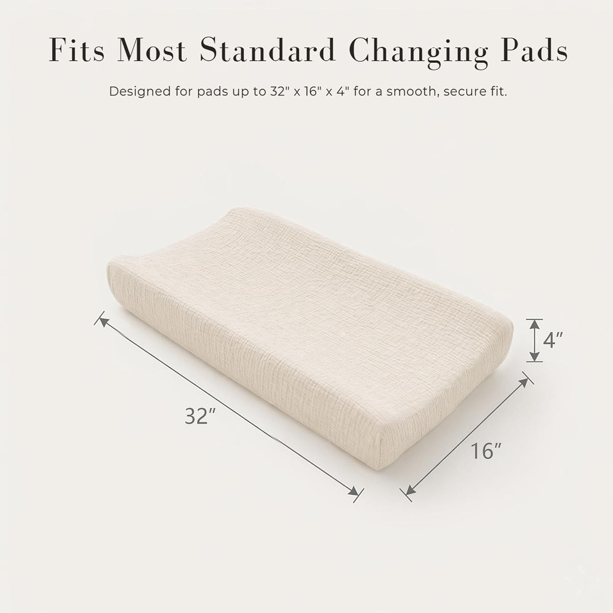 Changing pad cover in cream/off-white textured muslin fabric shown on a contoured pad from a three-quarter angle. Dimension arrows indicate 32" long x 16" wide x 4" thick. Text reads 'Fits Most Standard Changing Pads.'