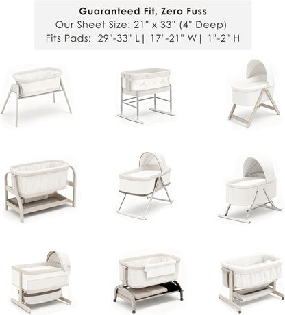 Compatibility chart titled 'Guaranteed Fit, Zero Fuss' showing 9 different bassinet and bedside sleeper styles the sheet fits. Sheet size: 21" x 33" (4" deep). Fits pads 29"-33" L, 17"-21" W, 1"-2" H.
