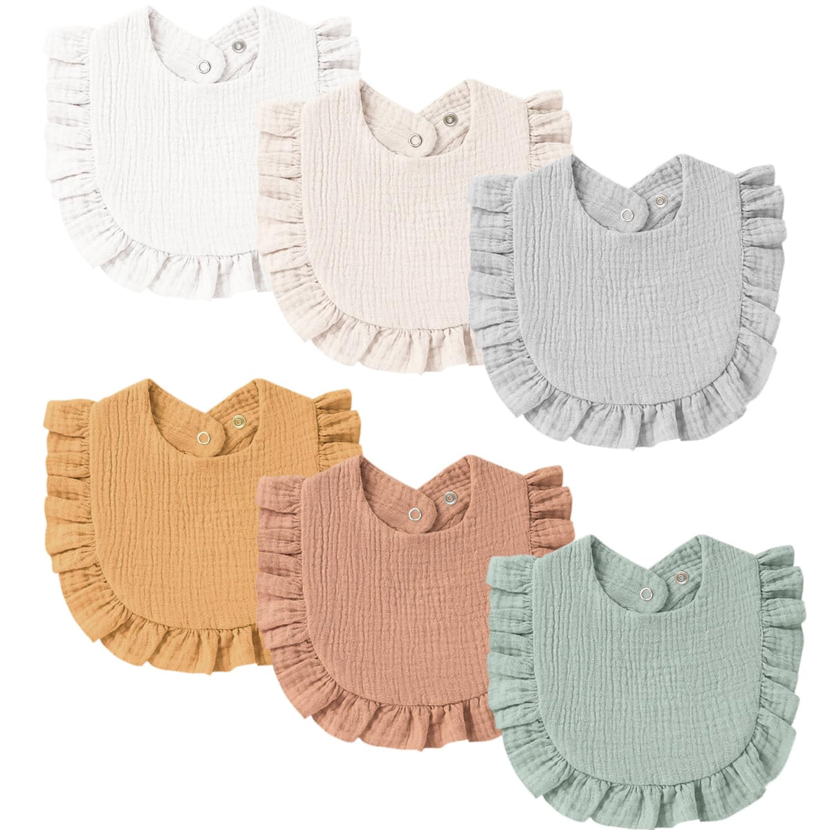 Six ruffled baby bibs in a 2-row arrangement, each with a textured muslin fabric and snap closure. Colors include white, cream, light gray, mustard yellow, dusty rose, and sage green.