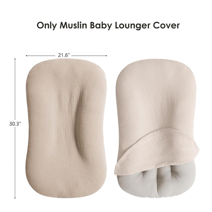 Two views of a muslin baby lounger cover in clay/beige. Left view shows the flat cover from above with dimensions 21.6" wide by 30.3" tall. Right view shows the cover partially fitted onto a lounger, revealing the stretchy opening at the bottom.