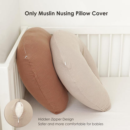 Two crescent-shaped muslin nursing pillow covers leaning against a white crib rail -- one medium brown, one light beige -- with a close-up inset showing the hidden zipper. Text reads 'Only Muslin Nursing Pillow Cover' and 'Hidden Zipper Design, Safer and more comfortable for babies.'