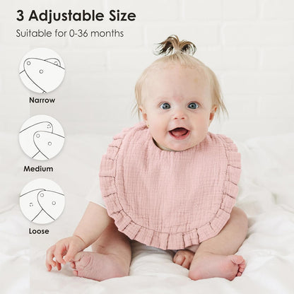 Baby wearing a dusty pink ruffled muslin bib, sitting on a white surface. Left side shows 3 snap-closure diagrams labeled Narrow, Medium, and Loose. Text reads '3 Adjustable Size, Suitable for 0-36 months'.