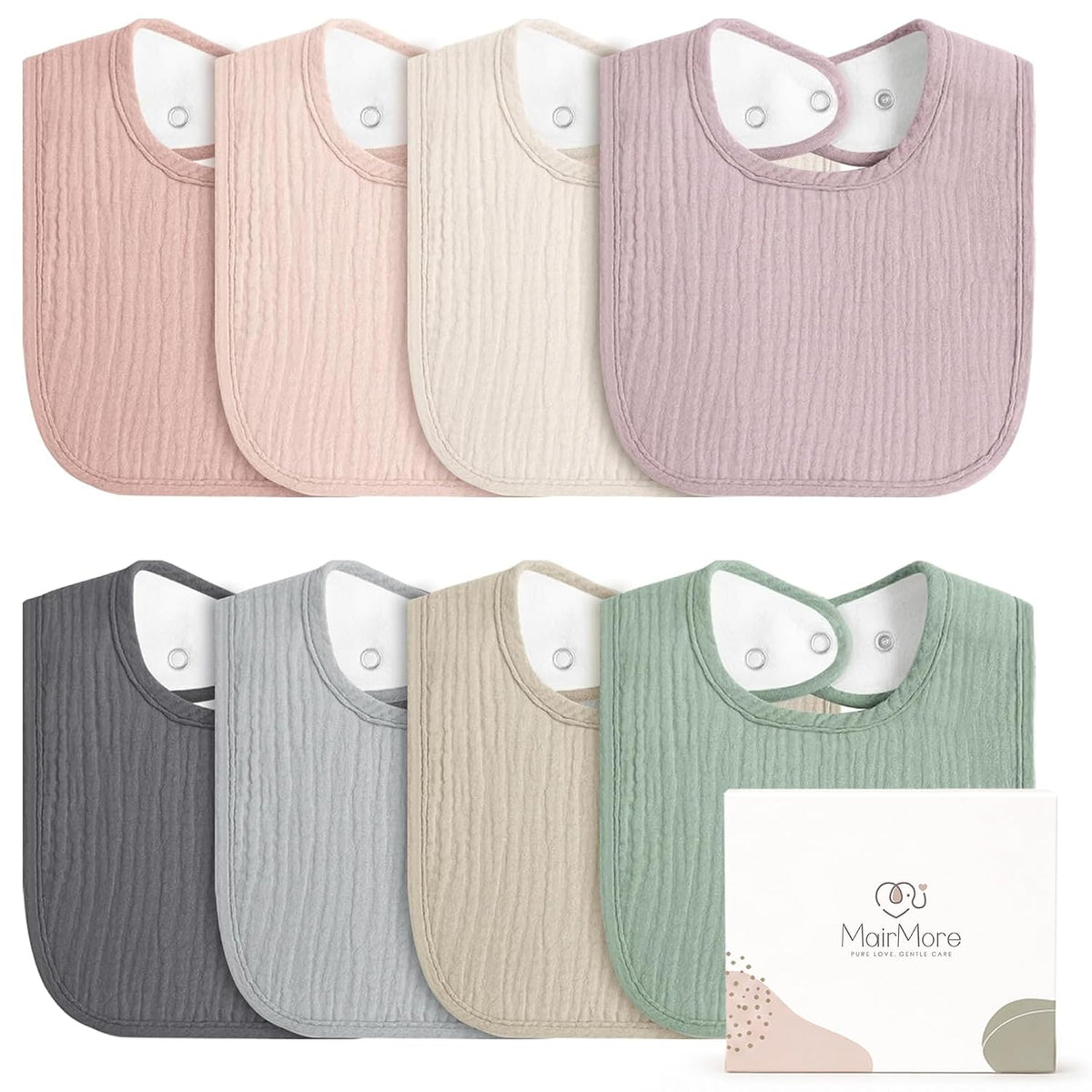 MairMore Muslin Baby Bibs, Drool Bibs for Boys and Girls, 8-Pack | Adjustable Snaps, Cotton Front Soft Fleece Back, Baby Bibs for Drooling &amp; Teething, for Newborn, Toddler Aged 0-36 Months