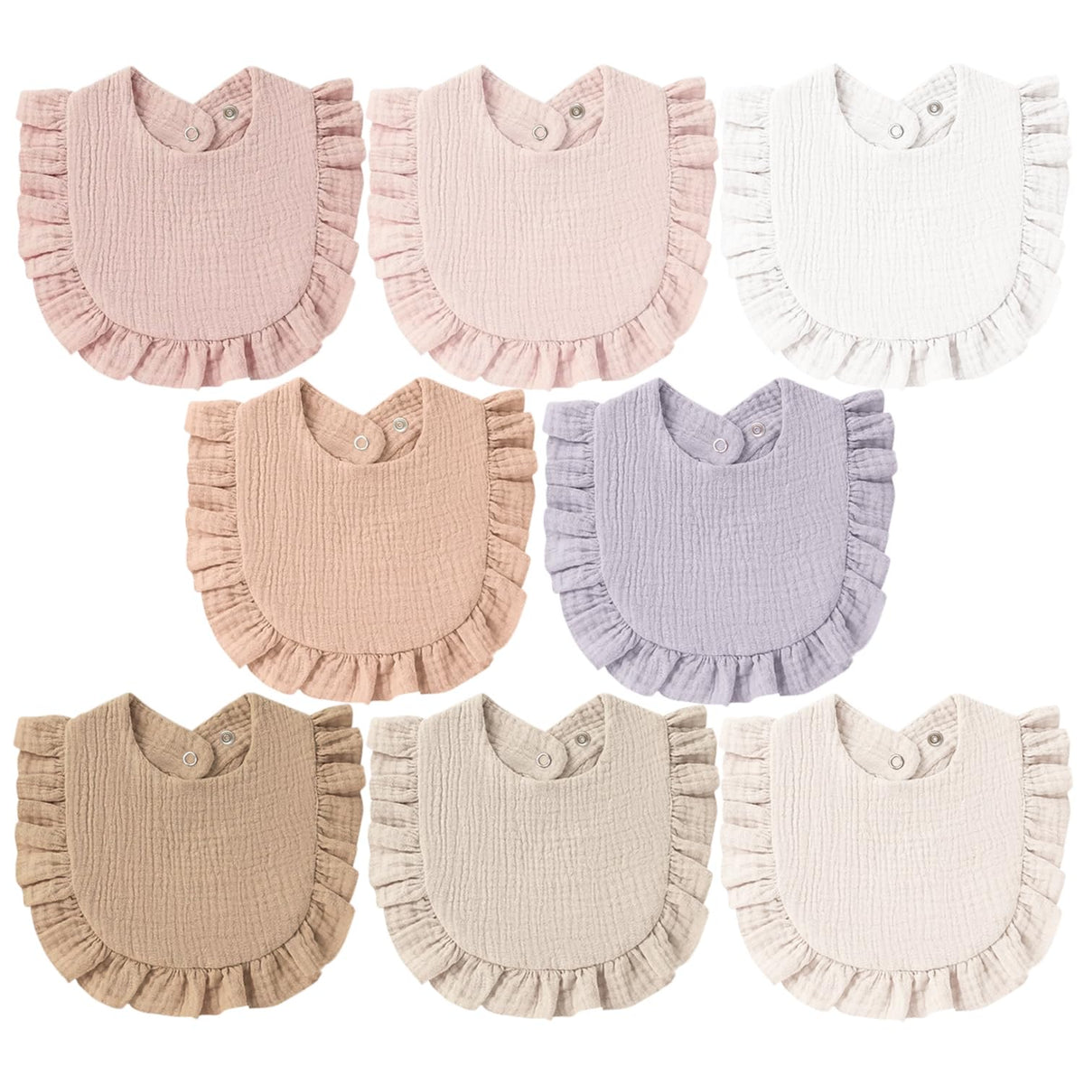 Eight ruffled baby bibs in a variety of soft colors: dusty rose, light pink, white, peach, lavender, tan, beige, and cream. Each bib has a crinkled muslin texture, ruffle trim along the bottom edge, and snap closures at the neck.
