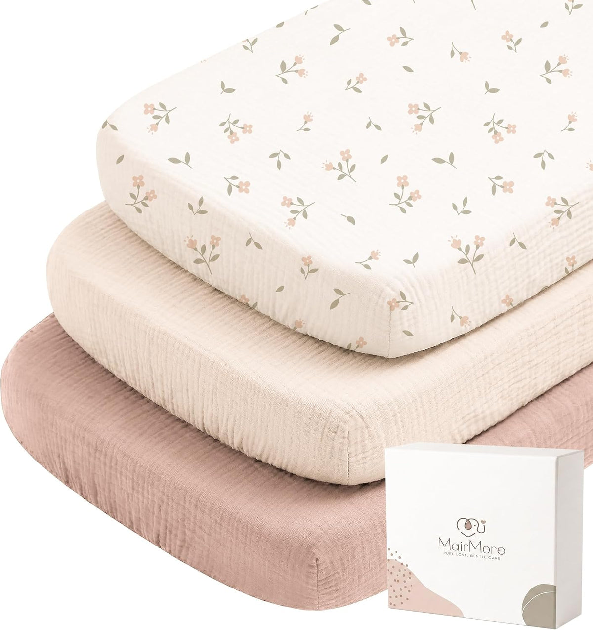 MairMore 3 Pack Muslin Baby Bassinet Sheets for Bedside Sleepers | Soft &amp; Breathable, 100% Cotton, Full Elastic Fit, for Moses Basket, Oval Rectangle Pad and Mattress (Pink Blossom)