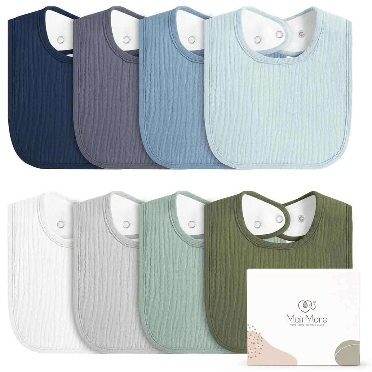 MairMore Muslin Baby Bibs, Drool Bibs for Boys and Girls, 8-Pack | Adjustable Snaps, Cotton Front Soft Fleece Back, Baby Bibs for Drooling &amp; Teething, for Newborn, Toddler Aged 0-36 Months