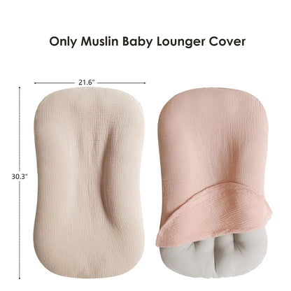 Two muslin baby lounger covers on a white background. Left cover is ivory/beige laid flat, showing dimensions of 21.6 inches wide by 30.3 inches long. Right cover is pink, shown fitted over a lounger. Text reads 'Only Muslin Baby Lounger Cover.'