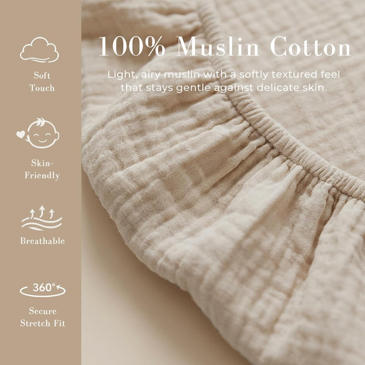 Close-up of a light beige muslin cotton changing pad cover with visible textured weave and elasticized edge. Promotional graphic lists key features: Soft Touch, Skin-Friendly, Breathable, and 360-degree Secure Stretch Fit.