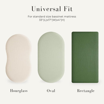 Infographic showing three bassinet mattress shapes side by side: an hourglass shape in cream, an oval in light sage green, and a rectangle in dark forest green. Text reads 'Universal Fit' for standard bassinet mattress 33"x17"x4".