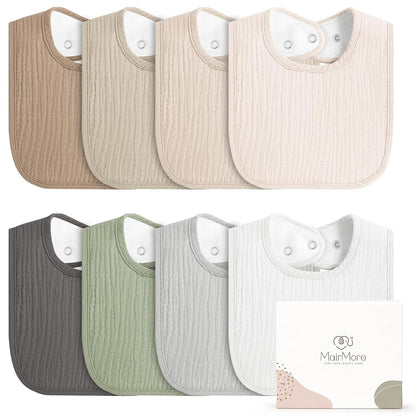 MairMore Muslin Baby Bibs, Drool Bibs for Boys and Girls, 8-Pack | Adjustable Snaps, Cotton Front Soft Fleece Back, Baby Bibs for Drooling &amp; Teething, for Newborn, Toddler Aged 0-36 Months