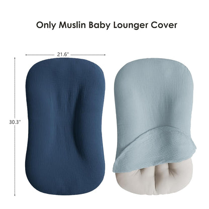 Two muslin baby lounger covers shown side by side: a dark navy blue cover laid flat (top-down view) and a light blue-gray cover partially fitted over a lounger. Dimensions shown: 21.6 inches wide by 30.3 inches long. Text reads 'Only Muslin Baby Lounger Cover.'