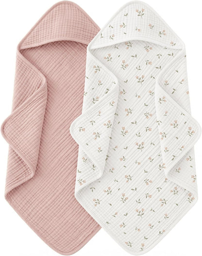 MairMore Muslin Baby Girls Hooded Towels 2 Pack, 32 x 32 in Bath Towels | Extra Soft &amp; Absorbent, Newborn Essential, 100% Cotton Large Neutral Towels for Newborn, Infants, Girls and Boys