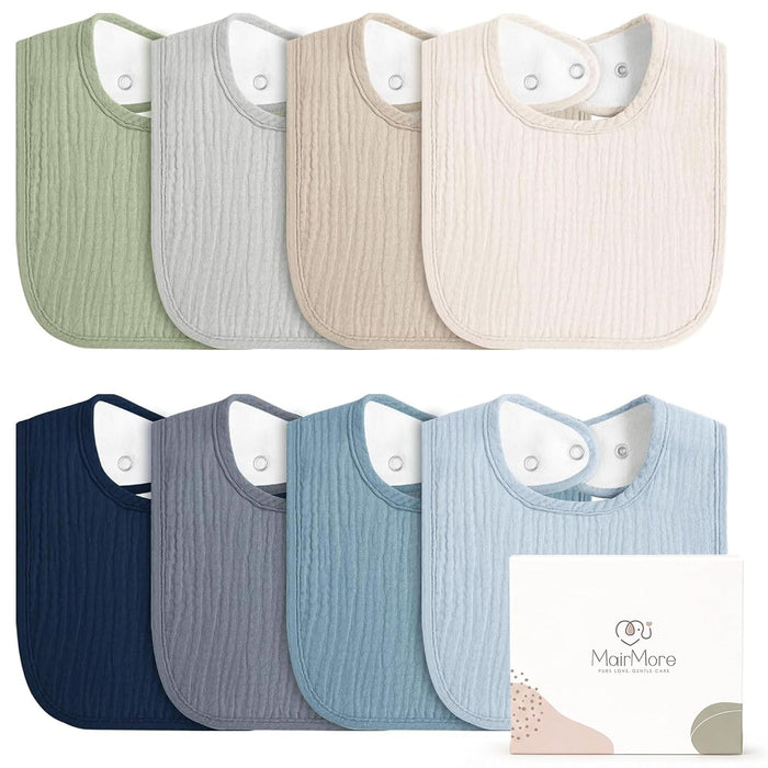MairMore Muslin Baby Bibs, Drool Bibs for Boys and Girls, 8-Pack | Adjustable Snaps, Cotton Front Soft Fleece Back, Baby Bibs for Drooling &amp; Teething, for Newborn, Toddler Aged 0-36 Months