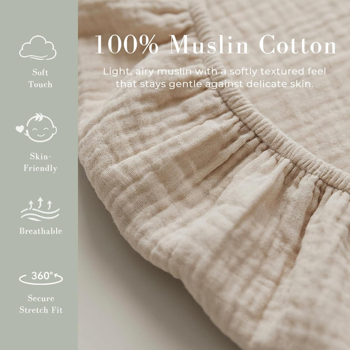 Close-up of a beige muslin cotton changing pad cover showing its textured weave and elasticized edge. Text reads '100% Muslin Cotton' with feature icons: Soft Touch, Skin-Friendly, Breathable, and 360 Degree Secure Stretch Fit.