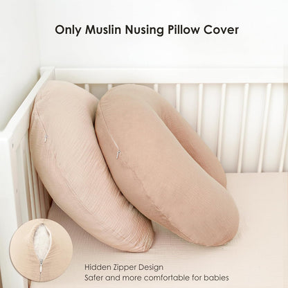 Two crescent-shaped muslin nursing pillow covers in warm beige, leaning against a white crib. A circular inset shows the hidden zipper closure. Text reads 'Only Muslin Nursing Pillow Cover' and 'Hidden Zipper Design, Safer and more comfortable for babies.'