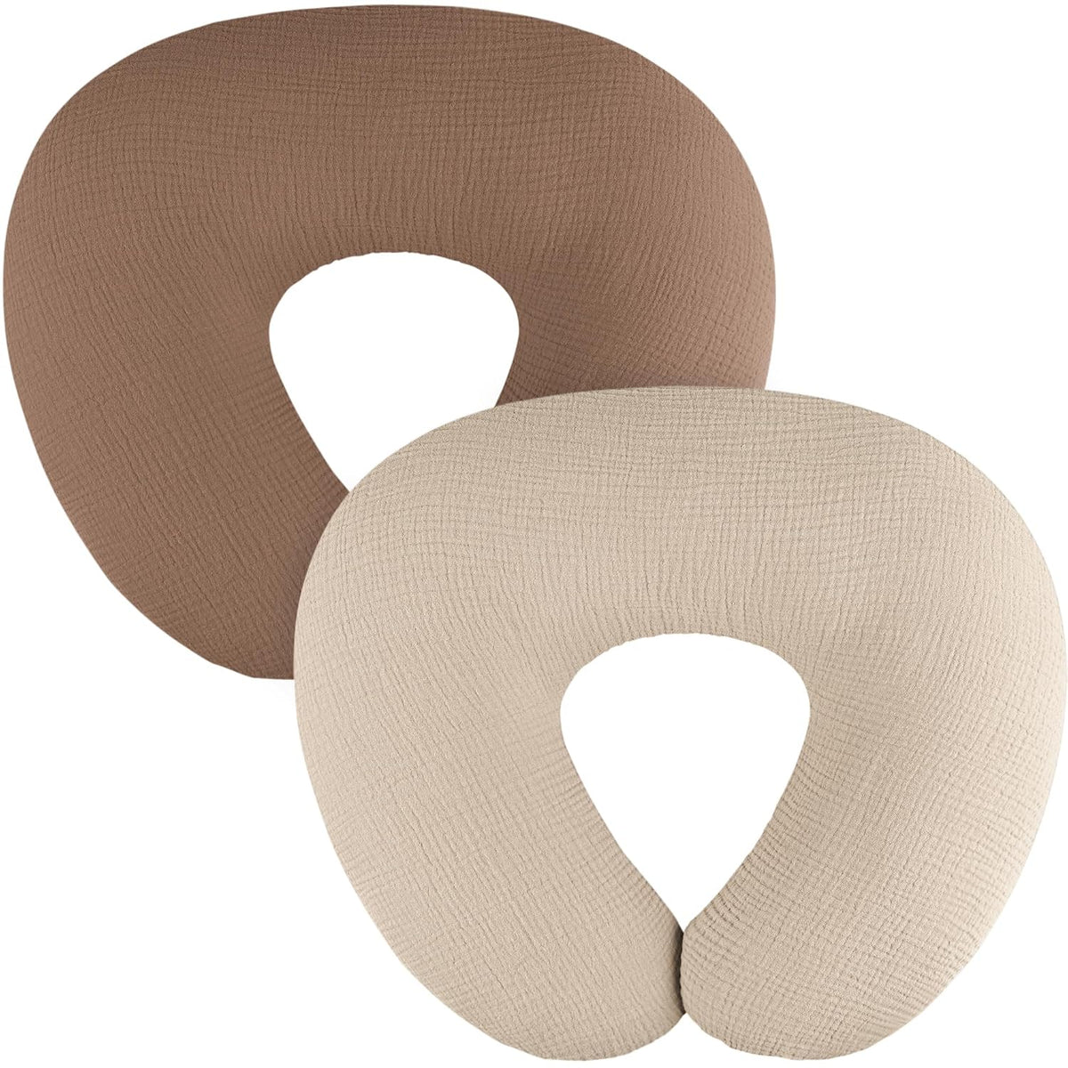 Two U-shaped nursing pillow covers in a textured woven fabric. The back cover is medium brown and the front cover is light beige. Both show a fine crosshatch muslin texture and a U-shaped opening at the bottom.