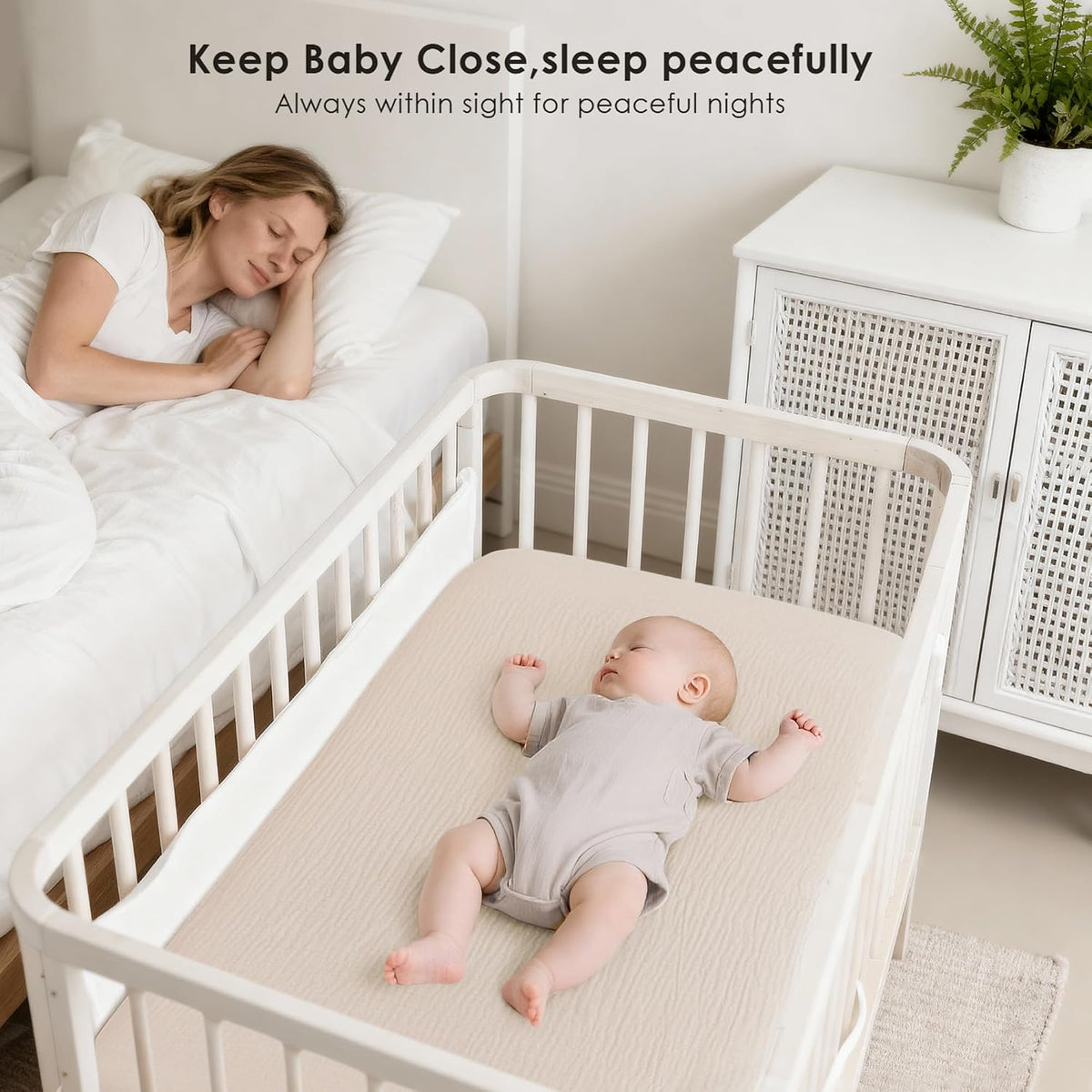 Lifestyle image of a white bassinet positioned beside an adult bed, with a sleeping baby on a light beige fitted sheet. A woman sleeps peacefully nearby. Text reads 'Keep Baby Close, sleep peacefully' and 'Always within sight for peaceful nights.'