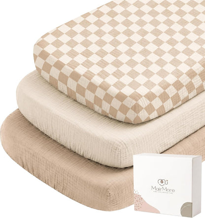 MairMore 3 Pack Muslin Baby Bassinet Sheets for Bedside Sleepers | Soft &amp; Breathable, 100% Cotton, Full Elastic Fit, for Moses Basket, Oval Rectangle Pad and Mattress (Milky Coffee)