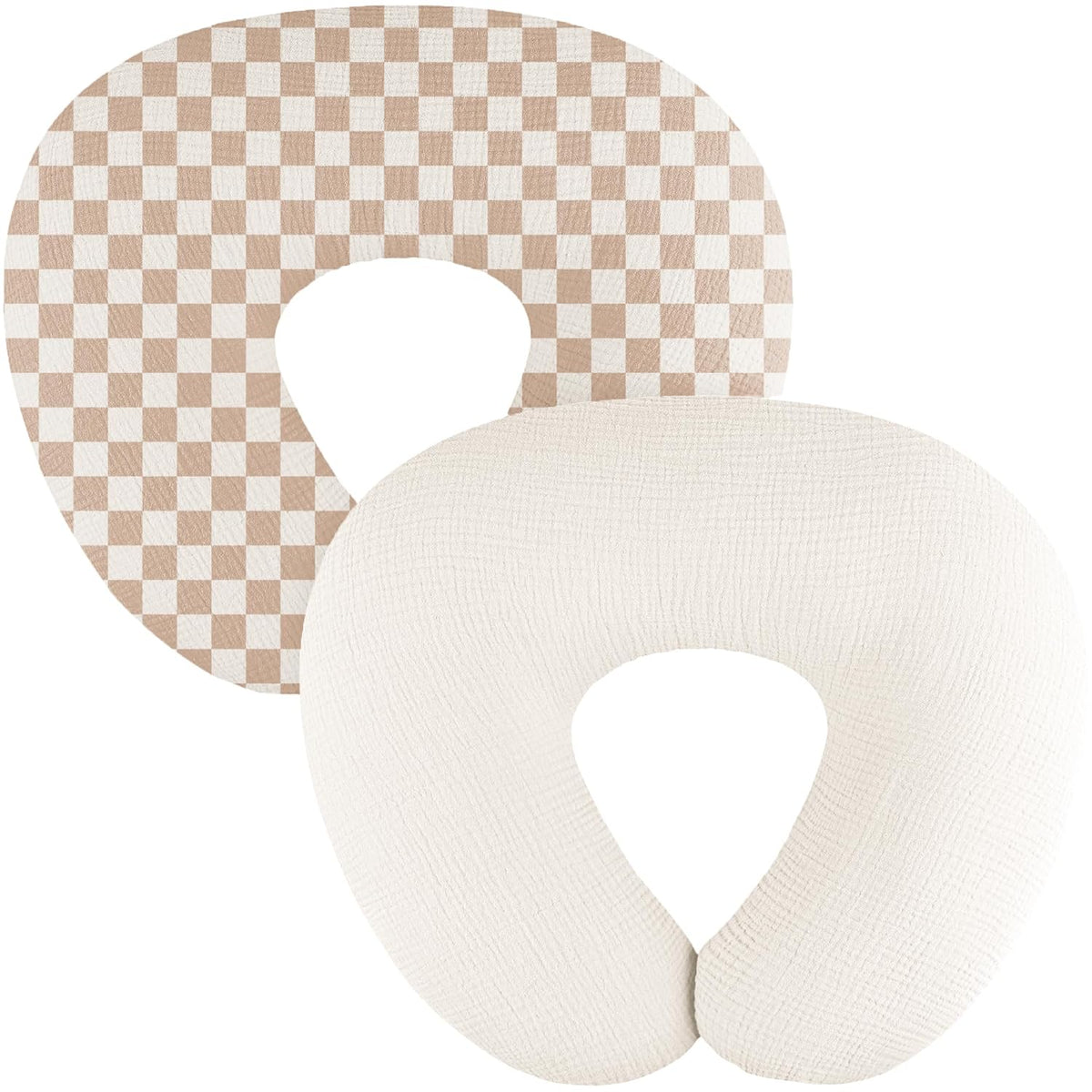 Two U-shaped nursing pillow covers on a white background. The back cover features a tan and cream checkerboard pattern; the front cover is solid cream with a visible woven muslin texture. Both have a U-shaped opening.