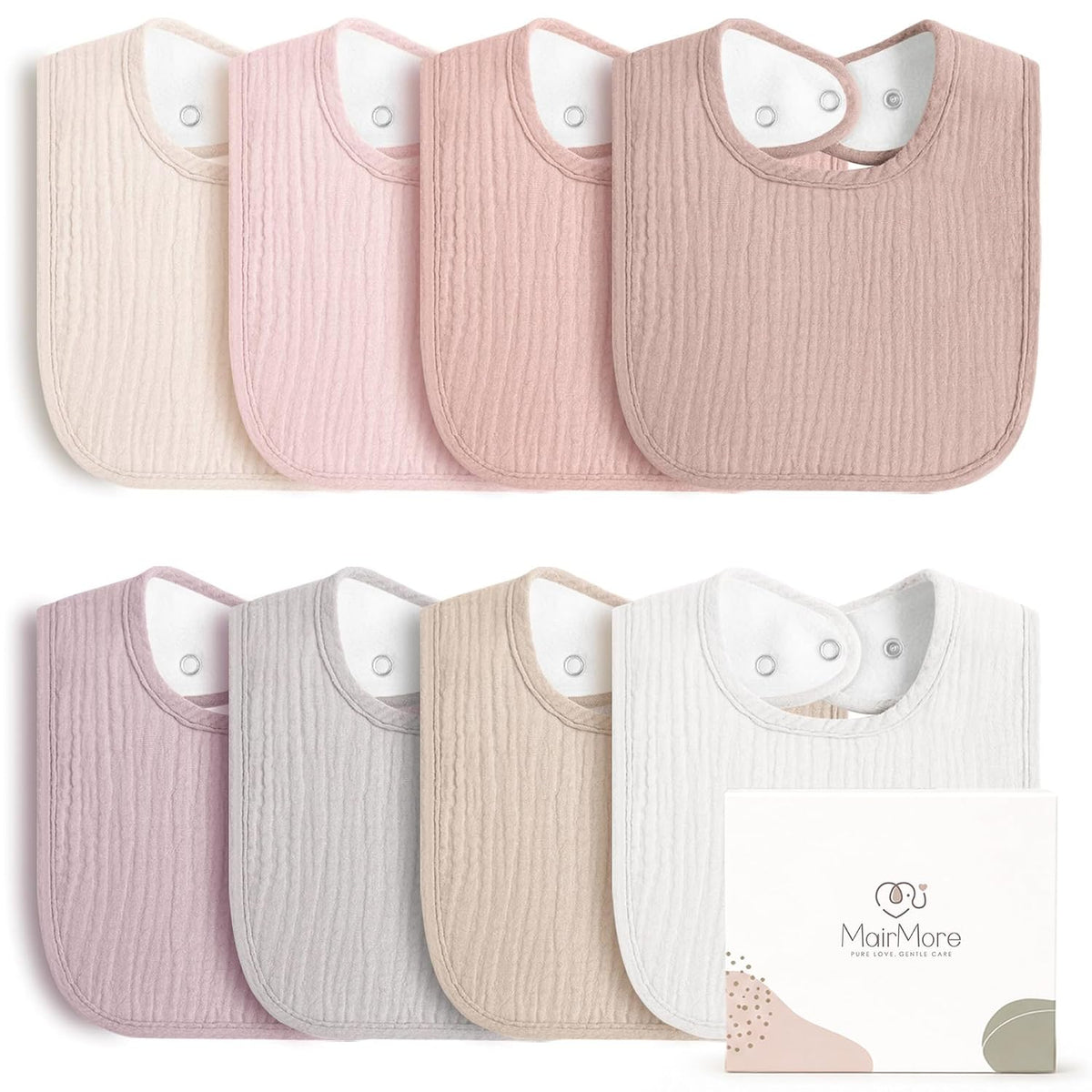 MairMore Muslin Baby Bibs, Drool Bibs for Boys and Girls, 8-Pack | Adjustable Snaps, Cotton Front Soft Fleece Back, Baby Bibs for Drooling &amp; Teething, for Newborn, Toddler Aged 0-36 Months