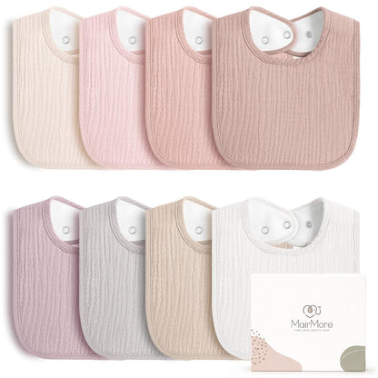 MairMore Muslin Baby Bibs, Drool Bibs for Boys and Girls, 8-Pack | Adjustable Snaps, Cotton Front Soft Fleece Back, Baby Bibs for Drooling &amp; Teething, for Newborn, Toddler Aged 0-36 Months