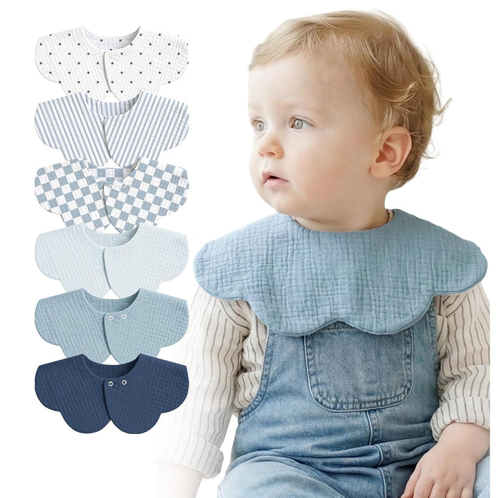 MairMore 6-Pack Muslin Baby Bibs, 360° Rotate Flower-Shaped Drool Bibs | 100% Cotton, Soft &amp; Absorbent, Designed for Drooling &amp; Teething Babies, for Boys and Girls Aged 0-36 Months (Blue)