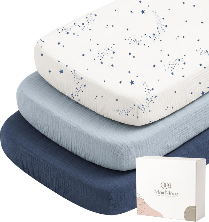 MairMore 3 Pack Muslin Baby Bassinet Sheets for Bedside Sleepers | Soft &amp; Breathable, 100% Cotton, Full Elastic Fit, for Moses Basket, Oval Rectangle Pad and Mattress (Starry Sky)