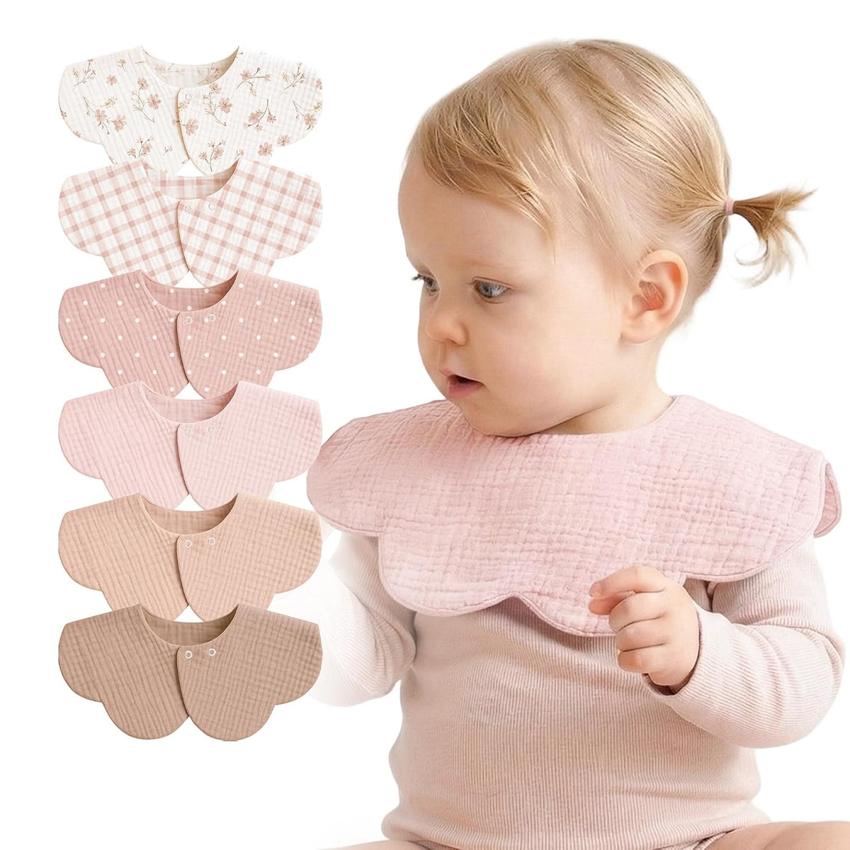 MairMore 6-Pack Muslin Baby Bibs, 360° Rotate Flower-Shaped Drool Bibs | 100% Cotton, Soft &amp; Absorbent, Designed for Drooling &amp; Teething Babies, for Boys and Girls Aged 0-36 Months (Pink)