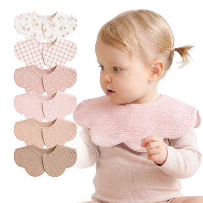 MairMore 6-Pack Muslin Baby Bibs, 360° Rotate Flower-Shaped Drool Bibs | 100% Cotton, Soft &amp; Absorbent, Designed for Drooling &amp; Teething Babies, for Boys and Girls Aged 0-36 Months (Pink)