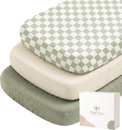 MairMore 3 Pack Muslin Baby Bassinet Sheets for Bedside Sleepers | Soft &amp; Breathable, 100% Cotton, Full Elastic Fit, for Moses Basket, Oval Rectangle Pad and Mattress (Green Chessboard)